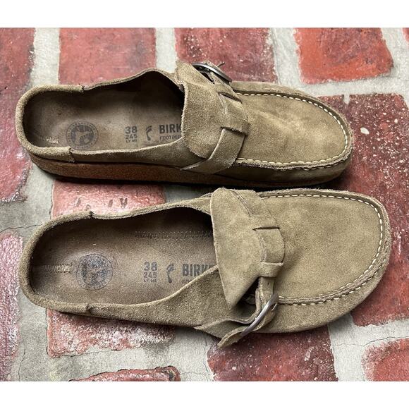 Birkenstock Buckley Suede Tan Clogs Moccasin Buckle Size 38 Narrow - Picture 8 of 14